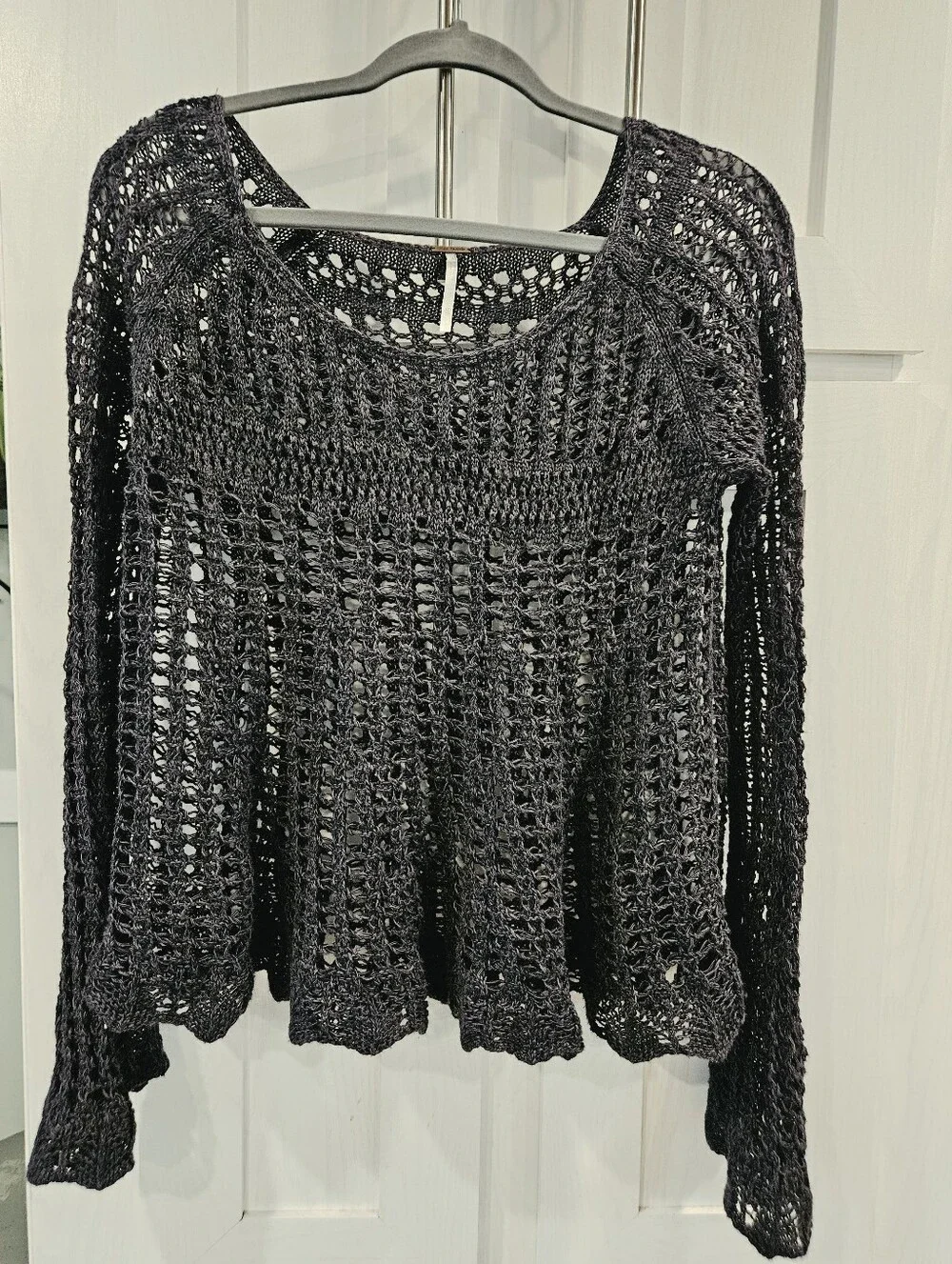 Free People Black Open Knit Crochet Bell Sleeve Sweater Boho Festival Beach